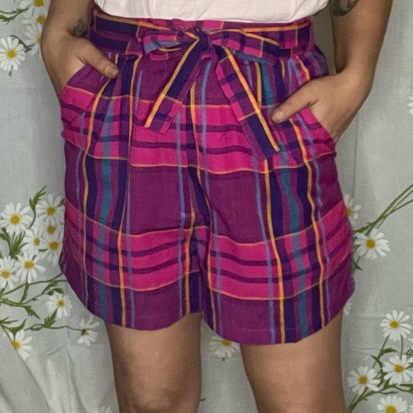 Vintage 80s jewel tone madras plaid high waisted paper bag loose fit mom shorts - Picture 2 of 6